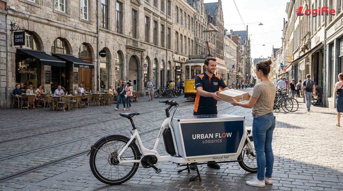 Photo of a courier using an electric cargo bike in a European pedestrian zone, historic buildings in the background.