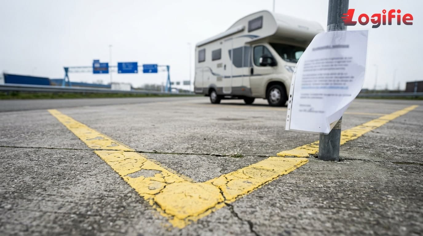 A lone HGV cab parked on the verge of a full Dutch motorway service area at dusk, windmills on the horizon