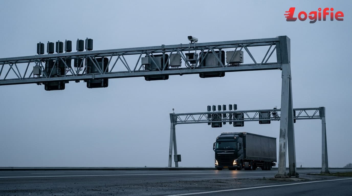 Dutch motorway with a heavy truck driving under a toll gantry