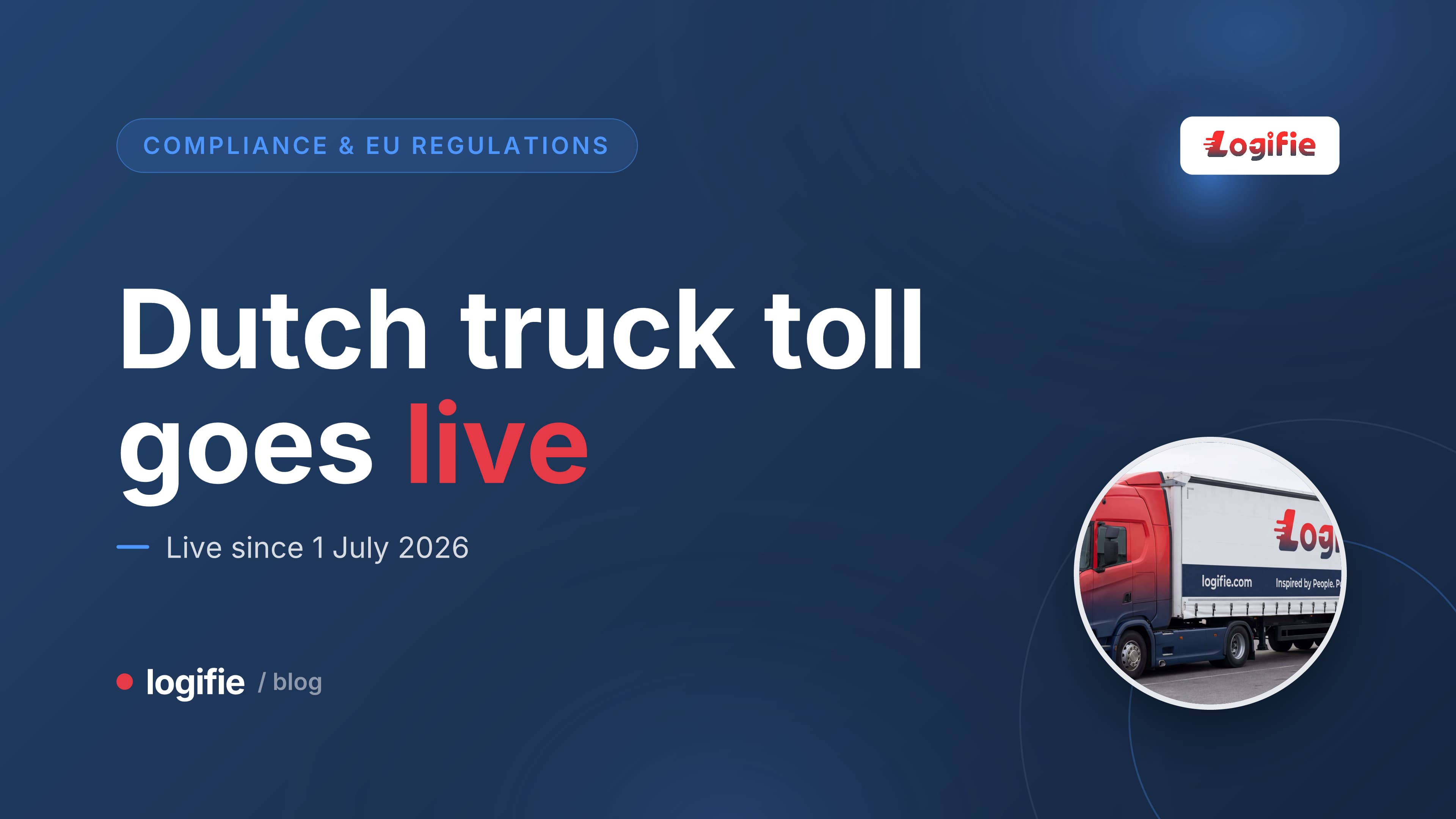 Stylised heavy goods lorry on a Dutch motorway passing a roadside toll gantry, tinted in EU blue with faint kilometre markers