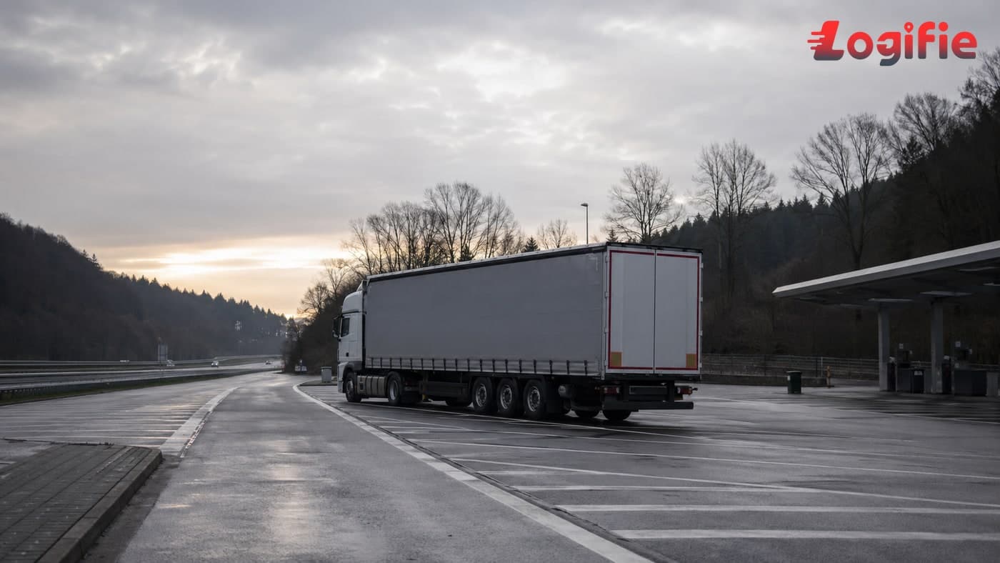 Empty European motorway service area at sunrise before the Pentecost HGV driving-ban window opens on 23 May 2026.