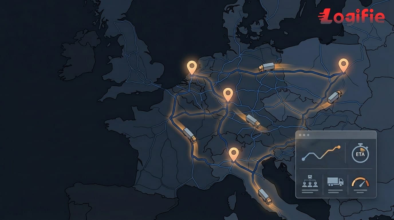 European dispatcher watching real-time truck routes across EU corridors with converging GPS, driver app and tachograph data streams