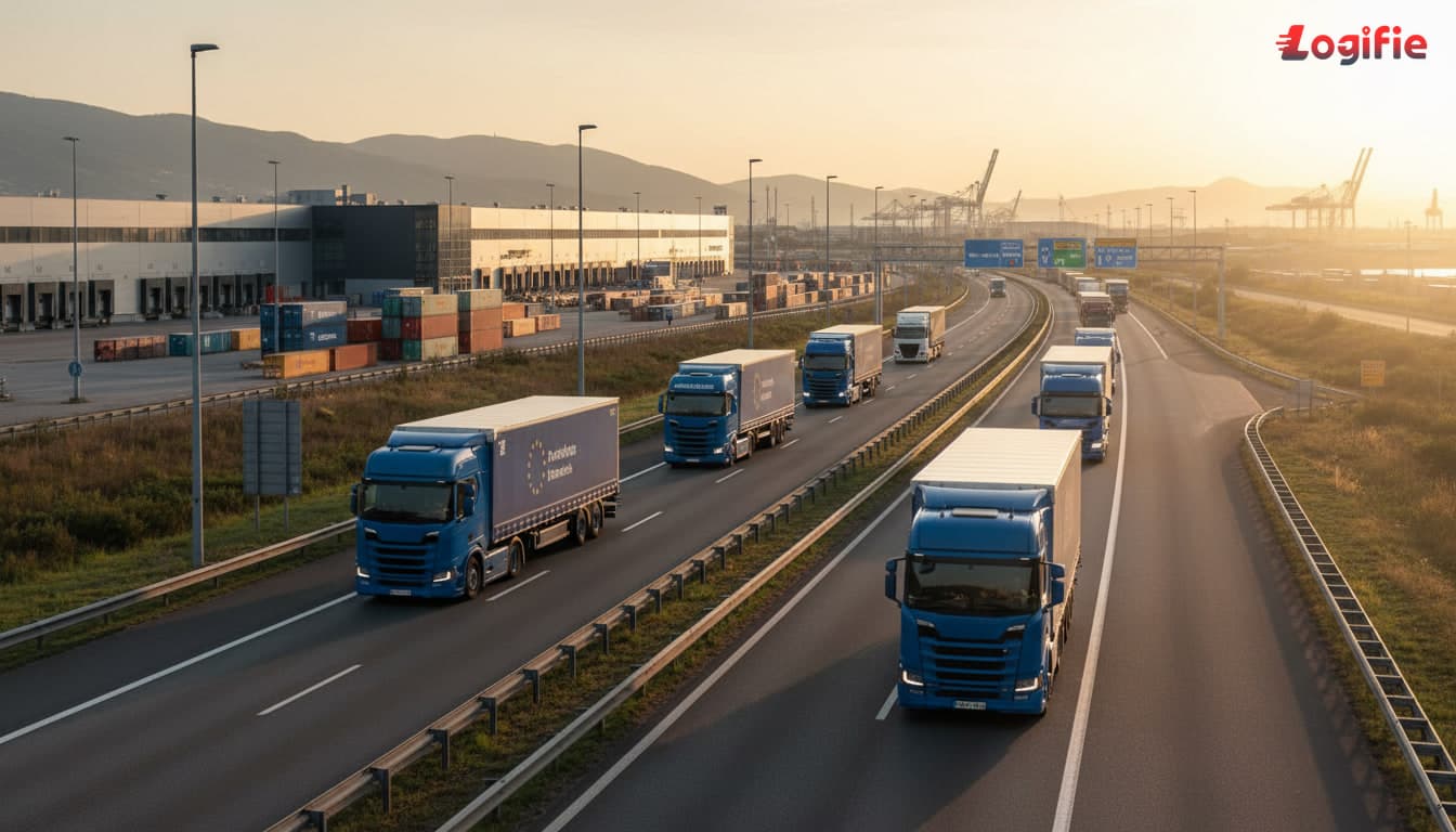 Photorealistic European road freight scene with heavy trucks operating on a major cross-border corridor, realistic logistics setting, natural light, documentary style, no text overlay.