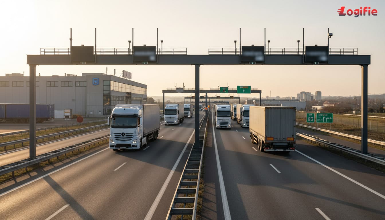 Photorealistic fleet of European heavy trucks travelling beneath electronic toll gantries on a major motorway corridor, realistic cross-border freight setting with lane control signage and infrastructure details, documentary style, no text overlay.