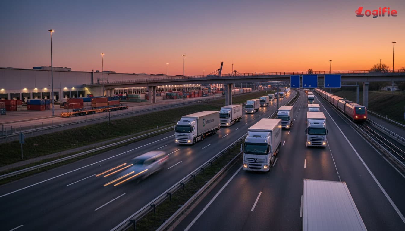 Photorealistic European road freight operations scene with heavy trucks, motorway infrastructure, and realistic logistics context, documentary photography style, no text overlay.