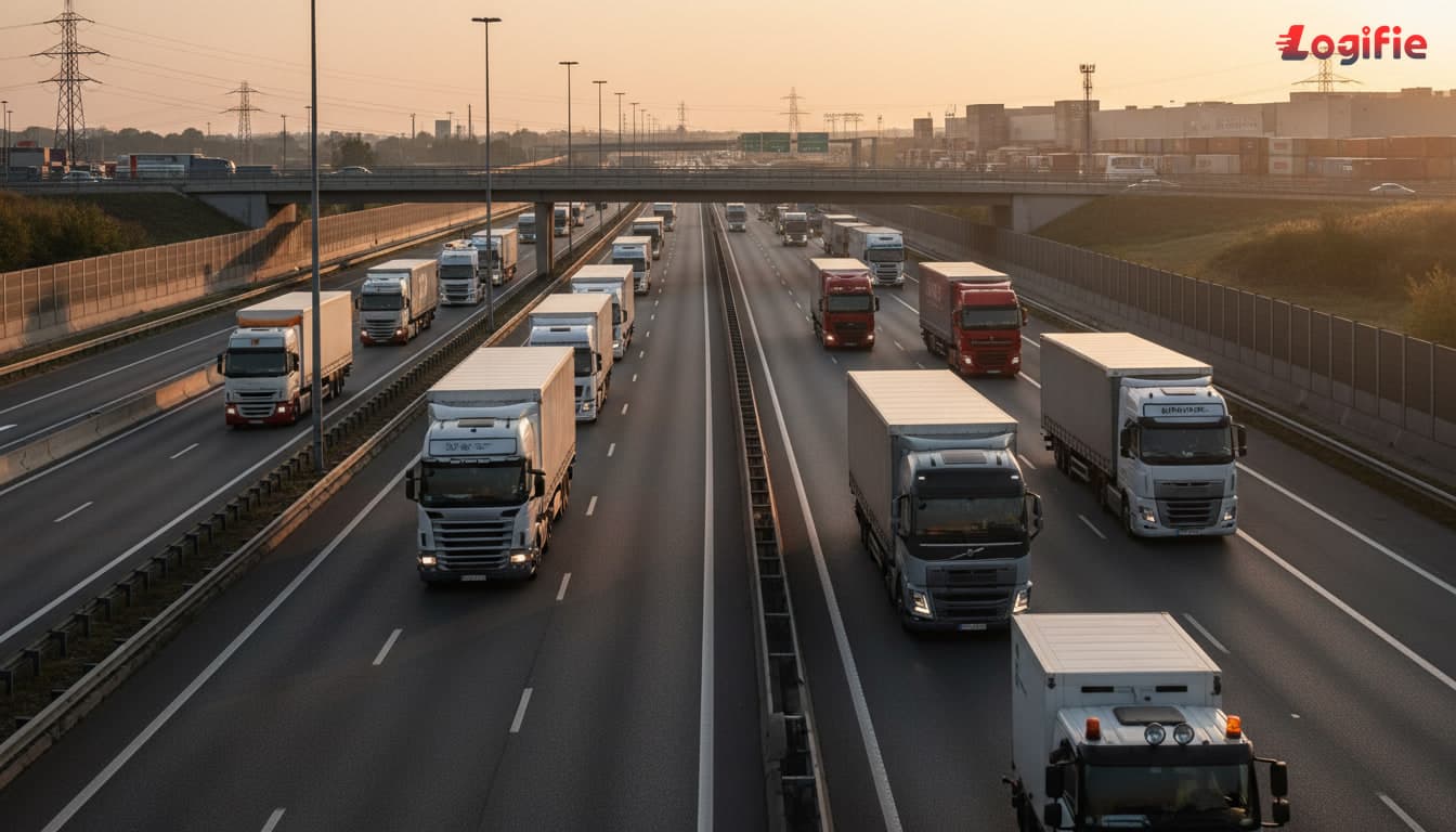 Photorealistic European road freight operations scene with heavy trucks, motorway infrastructure, and realistic logistics context, documentary photography style, no text overlay.