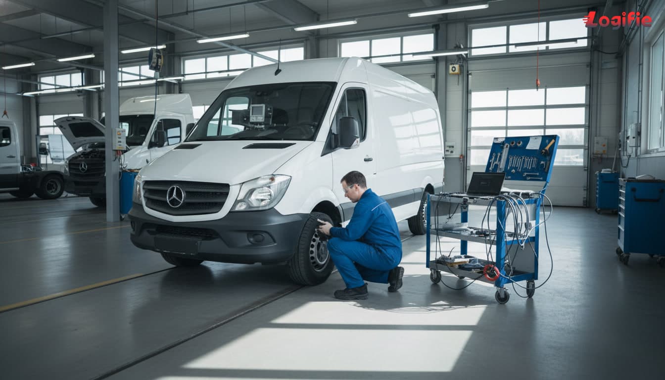 Photorealistic wide-angle European tachograph workshop, one light commercial van in a calibration bay, one technician calibrating a smart tachograph, diagnostic trolley and workshop tools visible, realistic industrial lighting, documentary transport photography, no meeting scene, no readable signage, no text overlay.
