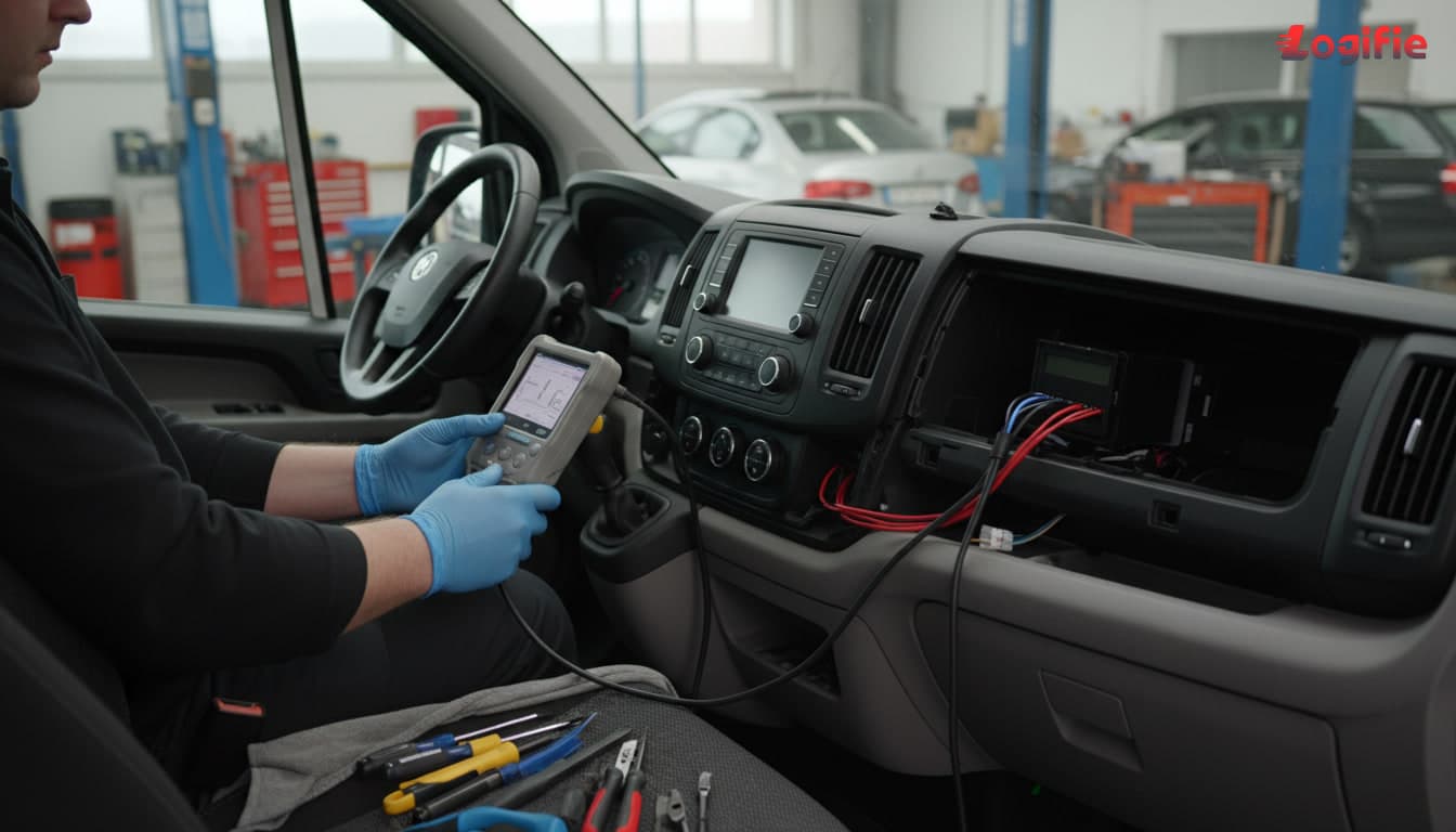 Photorealistic close-up inside a European light commercial van dashboard during smart tachograph installation, technician using a diagnostic calibration unit, wiring and trim tools visible, realistic workshop environment, hands secondary, no readable screens or labels, documentary style.