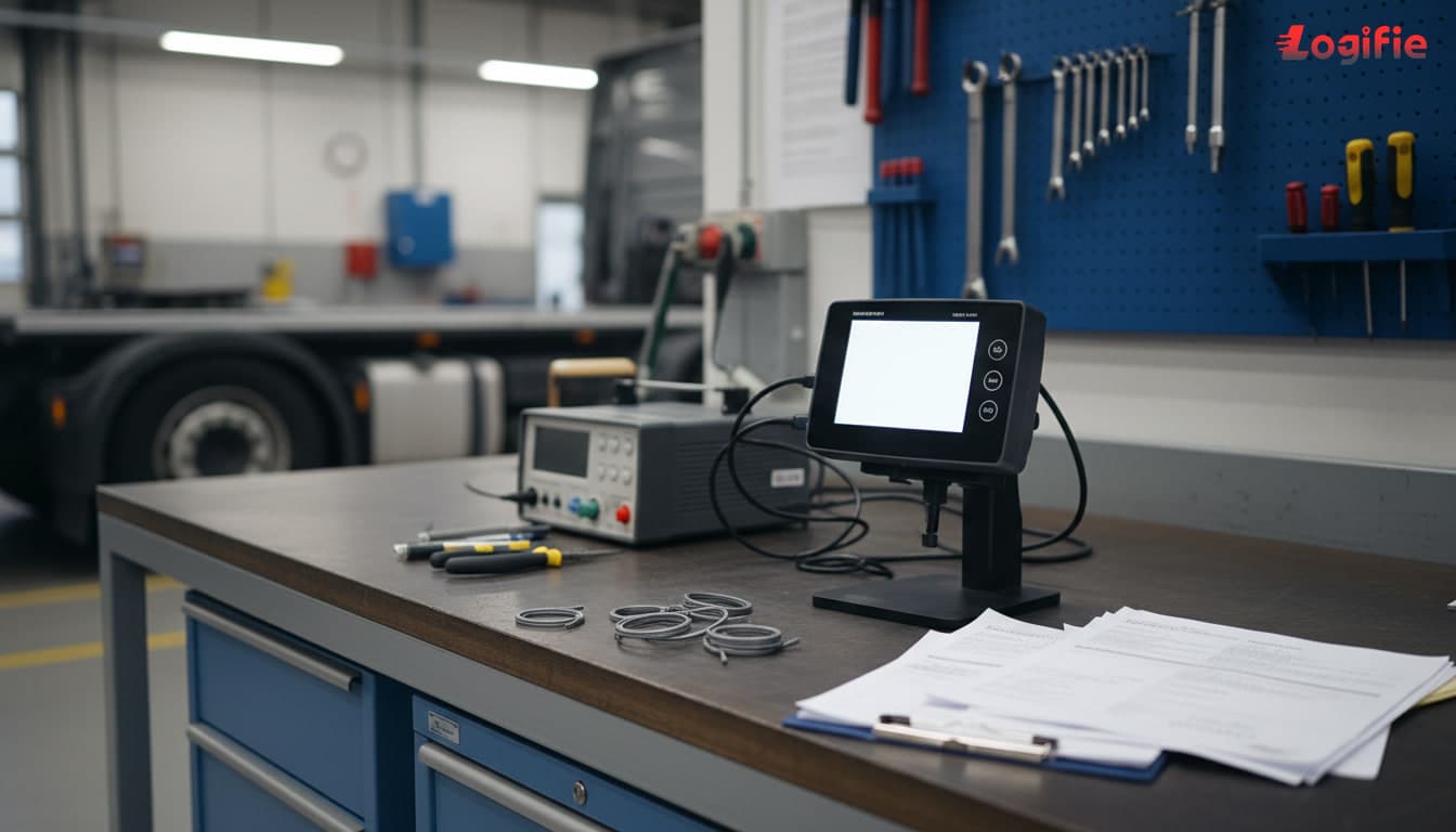 Photorealistic tachograph calibration and sealing bench inside a certified European workshop, smart tachograph head unit, calibration device, seals, tools, and blurred compliance paperwork arranged naturally, no people cluster, no readable certificates, documentary style.