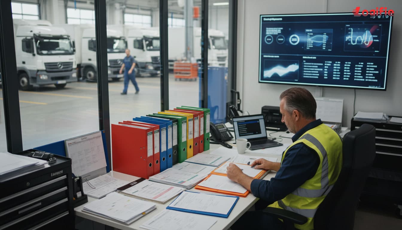Photorealistic European fleet compliance planning scene tied to tachograph deadlines, transport manager reviewing route folders and vehicle schedules beside a van bay, workshop and dispatch context combined, over-shoulder angle, no staged meeting, no readable text, documentary style.