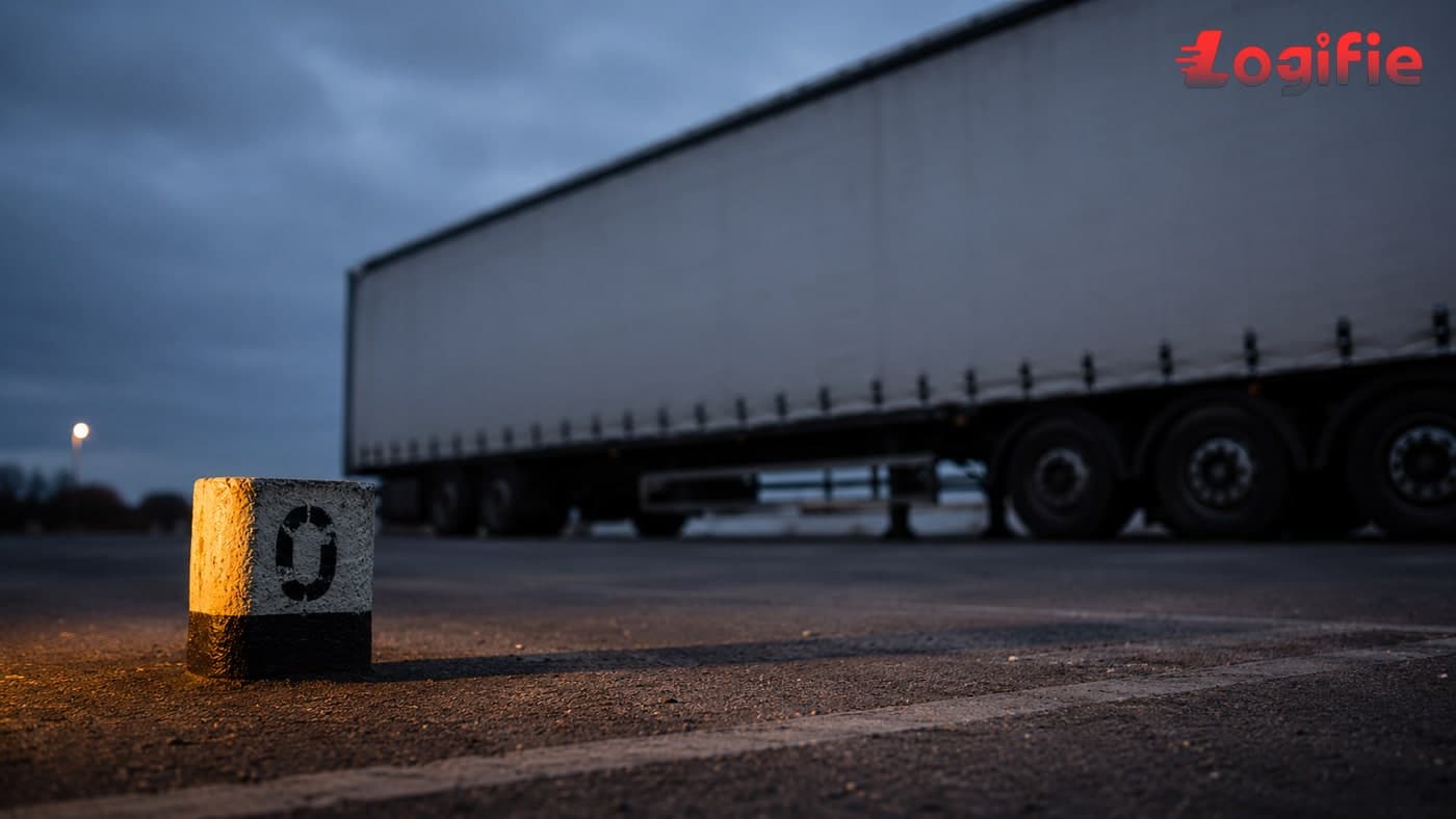 Editorial illustration of a quiet European motorway lay-by at night with one parked HGV under a single street light, evoking the March 2026 TAPA cargo-crime figures
