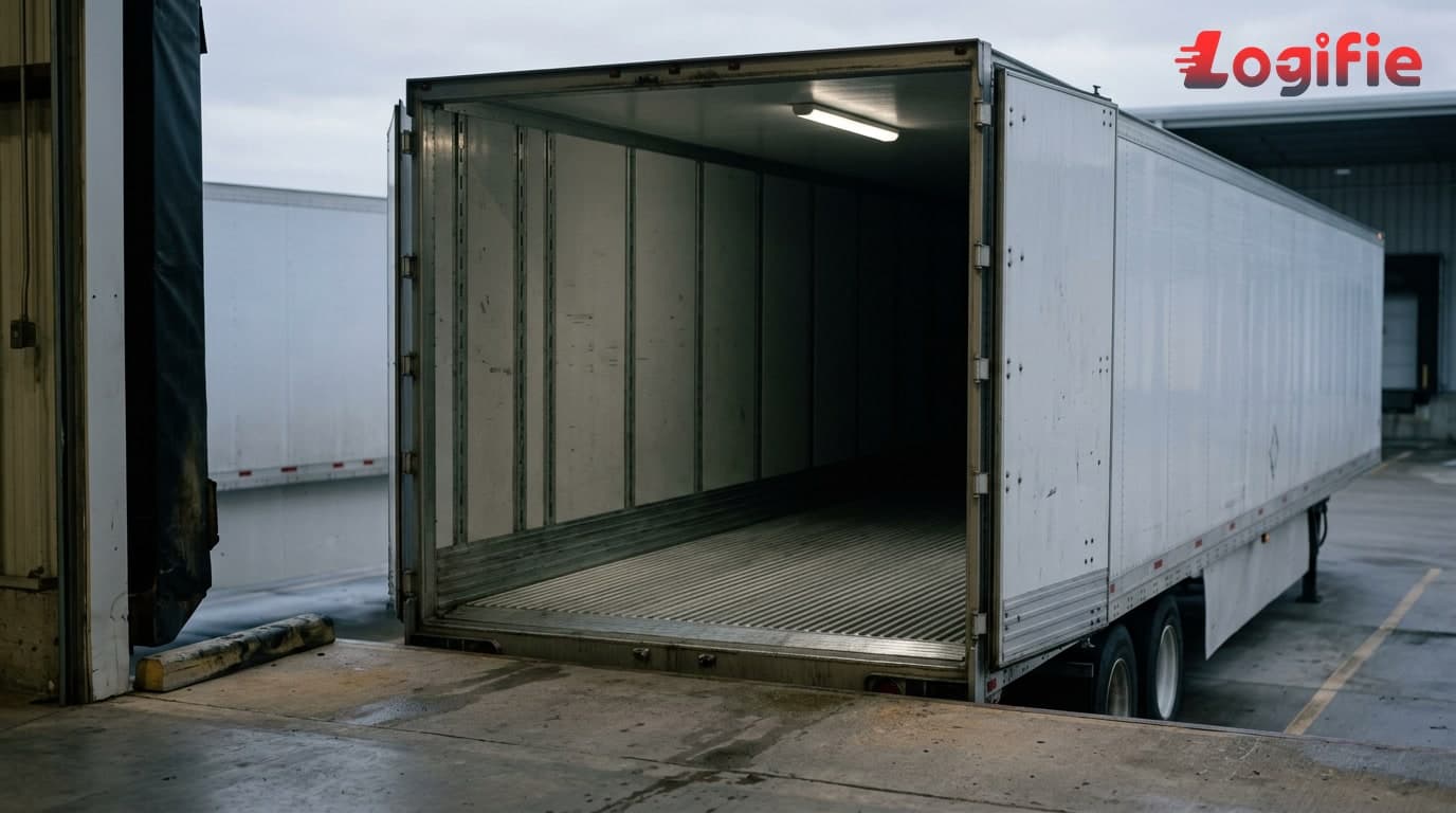 Stylised articulated lorry on a grey motorway overlaid with a falling bar chart showing declining freight demand in 2025