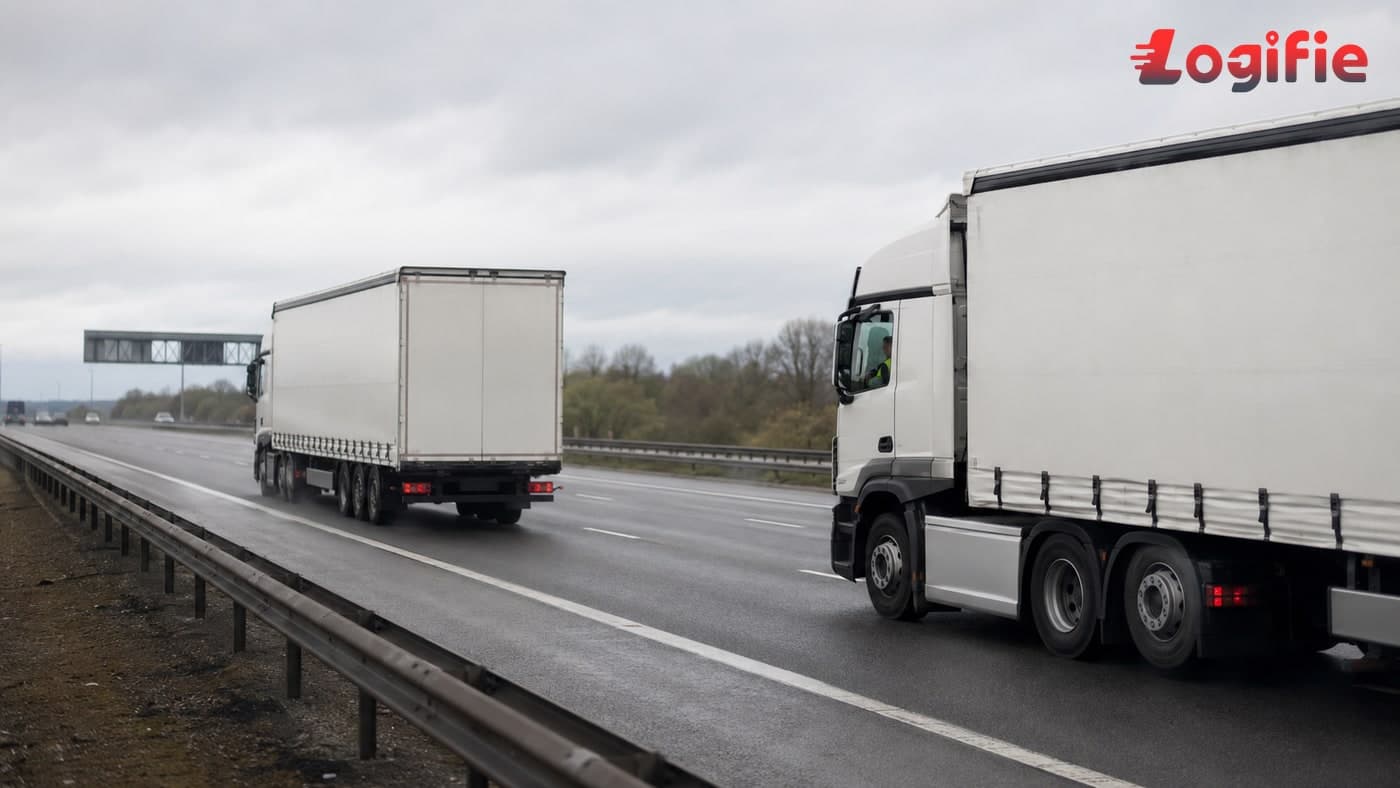 Documentary photograph of two articulated lorries on a British motorway in eastern England — the overtaking vehicle is an unmarked HGV used by police for cab-level observation under unmarked-patrol enforcement in May 2026