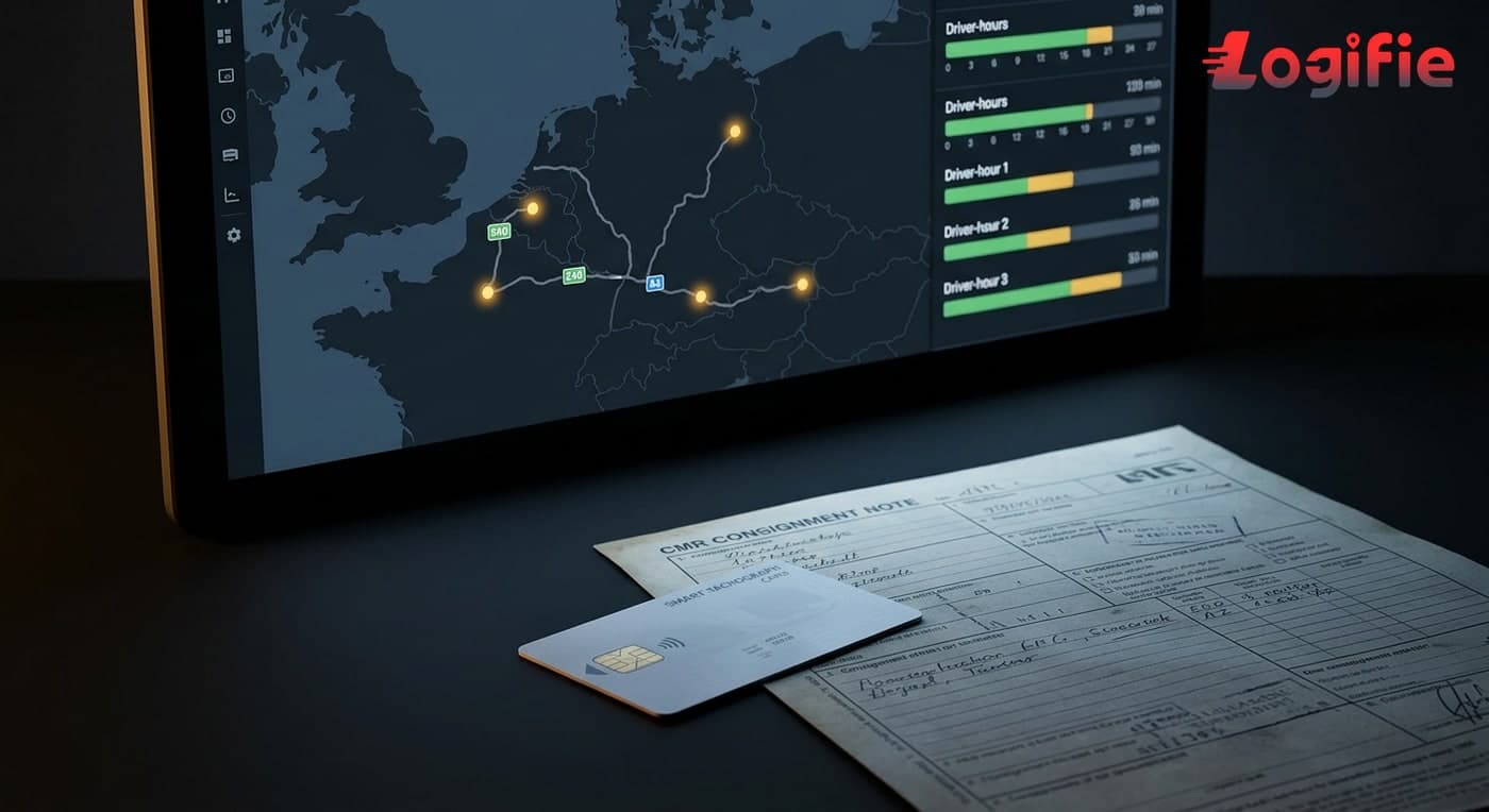 Dispatch screen showing live truck positions on a European motorway map next to a digital tachograph readout — transport management system in action